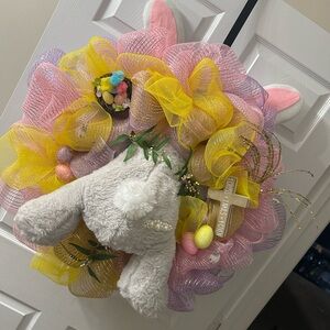 Kids Easter Bunny Wreath - Pink, Yellow, Gray